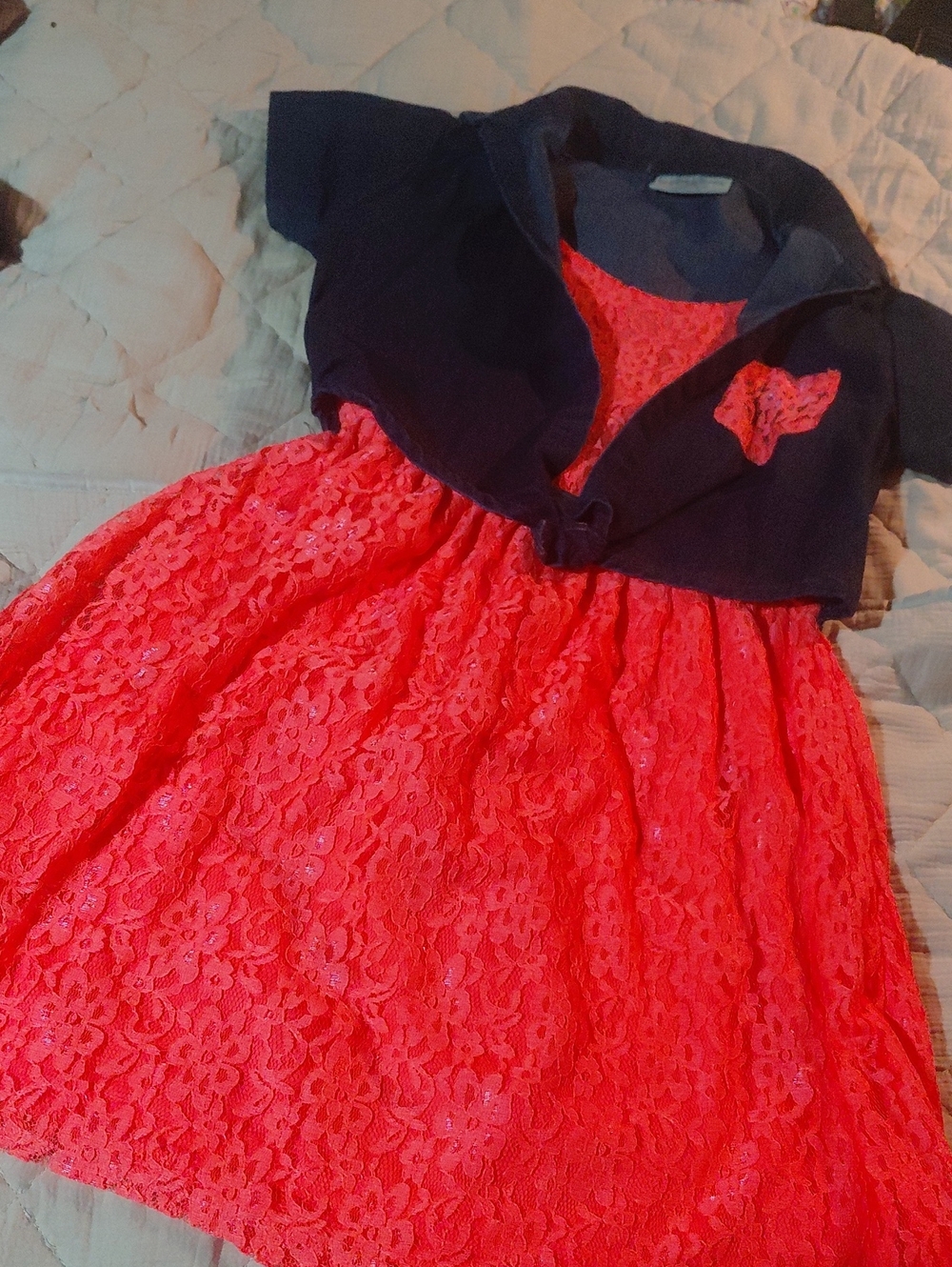 Coral Lace Party Dress with Denim Bolero for Girls